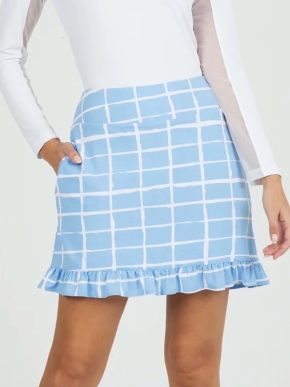 IBKUL Cordova Periwinkle Grid Ruffle Trim Hem Women's Skirt M